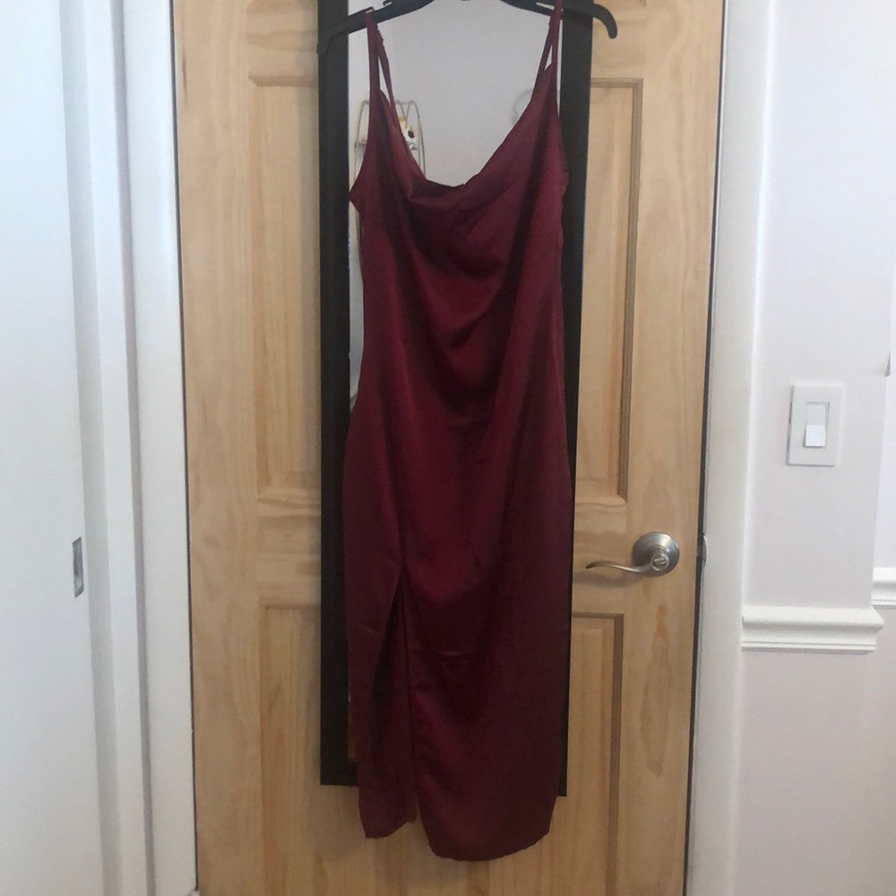 Burgundy Strappy Satin Cowl Midi Dress